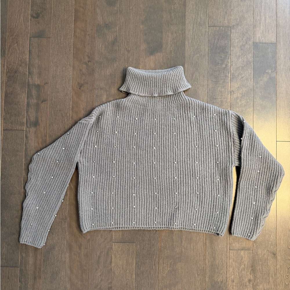 Grey Ribbed Turtleneck Sweater